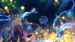 Rule 34 | 1boy, antlers, arm tattoo, armor, asymmetrical clothes, bead necklace, beads, black hair, building, closed mouth, cloud, fireworks, genshin impact, green hair, highres, holding, holding mask, horns, jewelry, lantern, looking at viewer, male focus, mask, multicolored hair, necklace, night, outdoors, pants, raijuu (bakanara), shoulder armor, skybracer (genshin impact), tattoo, xiao (genshin impact), yellow eyes