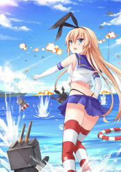 Rule 34 | 10s, 1girl, alternate eye color, aqua eyes, blonde hair, blush, crop top, crop top overhang, elbow gloves, explosion, gloves, hairband, highres, kantai collection, lifebuoy, long hair, looking at viewer, looking back, midriff, mmrailgun, ocean, open mouth, personification, rensouhou-chan, shimakaze (kancolle), shiny skin, skirt, socks, striped clothes, striped thighhighs, swim ring, thighhighs, war
