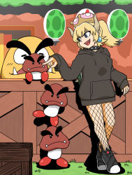 Rule 34 | 1girl, black hoodie, blonde hair, bowsette, collar, crate, crown, fang, female focus, fishnets, goomba, grass, hood, hoodie, horns, junnosu, mario (series), new super mario bros. u deluxe, nintendo, open mouth, outdoors, pointy ears, poking, ponytail, shoes, sleeves past wrists, solo, studded collar, super crown, super mario rpg