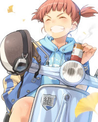 Rule 34 | 10s, 1girl, autumn leaves, bad id, bad pixiv id, brown hair, can, closed eyes, coffee, girls und panzer, goggles, goggles on headwear, grin, mikko (girls und panzer), motor vehicle, pairan, scooter, short twintails, smile, solo, steam, twintails, ucc coffee