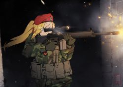 Rule 34 | 1girl, ammunition pouch, beret, camouflage, firing, gloves, gun, h&amp;k msg90, hat, holding, holding gun, holding weapon, jacket, load bearing vest, long hair, military, military jacket, military operator, military uniform, mrxinom, muzzle flash, original, ponytail, pouch, red hat, rifle, scope, sniper rifle, solo, special air service, uniform, united kingdom, wall, weapon