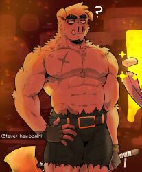 Rule 34 | 1boy, abs, absurdres, animal ears, bara, character request, chat log, english text, feet out of frame, fingerless gloves, furry, furry male, gloves, highres, huge eyebrows, implied yaoi, large pectorals, looking at viewer, makota toh, male focus, minecraft, muscular, muscular male, pants, pectorals, personification, pig boy, pig ears, pig nose, scar, scar on chest, short hair, solo, sparkle, steve (minecraft), stomach, strongman waist, topless male, torn clothes, torn pants, tusks