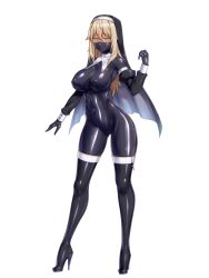 Rule 34 | 1girl, aqua eyes, blonde hair, bodysuit, boots, breasts, chain paradox, cocytus (wind master), contrapposto, covered erect nipples, covered navel, detached sleeves, full body, habit, high heels, highres, impossible bodysuit, impossible clothes, large breasts, latex, latex bodysuit, long hair, looking at viewer, mask, mouth mask, ninja mask, nun, shiny clothes, skin tight, solo, thigh boots, white background