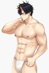 Rule 34 | 1boy, abs, bara, black hair, blush, bulge, cowboy shot, eyeshadow, fundoshi, hair between eyes, hand on own neck, highres, horns, japanese clothes, large pectorals, looking to the side, makeup, male focus, muscular, muscular male, navel, naya yuuji, nipples, oni, oni (naya yuuji), oni horns, original, pectorals, red eyeshadow, short hair, sideburns, solo, stomach, thick thighs, thighs, topless male