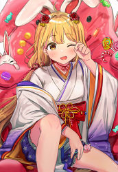 Rule 34 | 1girl, animal ears, blonde hair, blush, brown eyes, candy, commentary, food, frilled shorts, frills, futaba anzu, hair ornament, highres, idolmaster, idolmaster cinderella girls, idolmaster cinderella girls starlight stage, japanese clothes, kimono, long hair, looking at viewer, low twintails, macaron, obi, one eye closed, open mouth, rabbit, rabbit ears, rubbing eyes, sash, shorts, sitting, solo, stuffed animal, stuffed rabbit, stuffed toy, twintails, wenquangua, wide sleeves, yawning