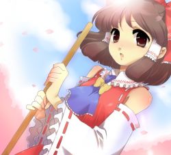 Rule 34 | 1girl, :o, blue sky, blush, bow, broom, brown hair, chigo, day, female focus, hair bow, hair tubes, hakurei reimu, holding, looking at viewer, looking back, outdoors, parted lips, red eyes, ribbon-trimmed sleeves, ribbon trim, short hair, sky, solo, subterranean animism, tareme, touhou