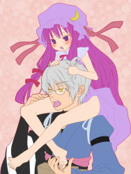 Rule 34 | 1boy, 1girl, bad id, bad pixiv id, barefoot, carrying, d5 (pixiv), feet, flat color, glasses, grabbing another&#039;s hair, hat, morichika rinnosuke, patchouli knowledge, purple eyes, purple hair, ribbon, short hair, shoulder carry, silver hair, smell, toes, tongue, touhou, yellow eyes