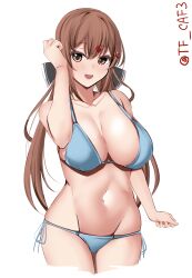 Rule 34 | 1girl, alternate costume, bare shoulders, bikini, black bow, blue bikini, blush, bow, breasts, brown eyes, brown hair, collarbone, cowboy shot, hair bow, hair ornament, hairclip, highres, kantai collection, large breasts, long hair, looking at viewer, low twintails, navel, one-hour drawing challenge, open mouth, simple background, smile, solo, swimsuit, tashkent (kancolle), tf cafe, twintails, twitter username, white background
