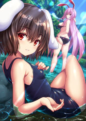 Rule 34 | 2girls, absurdly long hair, animal ears, ass, bikini, breasts, brown hair, butt crack, caustics, day, floppy ears, hair between eyes, highres, hijikawa arashi, inaba tewi, knees up, light smile, long hair, multiple girls, one-piece swimsuit, outdoors, parted lips, partially submerged, purple hair, rabbit ears, red eyes, reisen udongein inaba, short hair, small breasts, solo focus, standing, swimsuit, teeth, touhou, very long hair, wading, water
