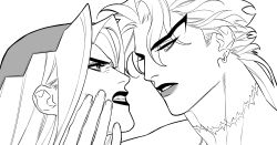 Rule 34 | 2boys, clenched teeth, dio brando, hand on another&#039;s face, hat, highres, huang lia, jojo no kimyou na bouken, leone abbacchio, lipstick, long hair, looking at another, makeup, male focus, monochrome, multiple boys, scar, scar on neck, stardust crusaders, teeth, vento aureo, yaoi