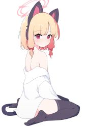 Rule 34 | 1girl, absurdres, animal ear headphones, animal ears, black thighhighs, blonde hair, blue archive, bow, cat ear headphones, cat tail, commentary, expressionless, fake animal ears, hagoonha, hair bow, halo, headphones, highres, legs, light blush, long sleeves, looking at viewer, momoi (blue archive), naked shirt, no shoes, oversized clothes, oversized shirt, pink eyes, shirt, short hair, sidelocks, sitting, solo, sweat, tail, thighhighs, thighs, wariza, white background, white shirt