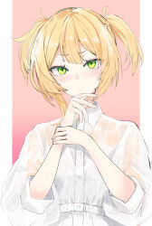 Rule 34 | 1girl, blonde hair, blush, closed mouth, collared shirt, girls&#039; frontline, green eyes, hand on own chin, highres, looking at viewer, pink background, see-through, shirt, short hair, sierra (sierra s252), solo, straight-on, two side up, upper body, welrod mkii (girls&#039; frontline), white shirt