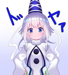 Rule 34 | 1girl, blue eyes, blue hat, doyagao, gradient background, grey background, hands on own hips, hat, long hair, looking at viewer, mononobe no futo, pom pom (clothes), silver hair, simple background, smile, smug, solo, tate eboshi, touhou, turtleneck, white background, wide sleeves, yuujin (mhhnp306), yuujin (yuzinn333)