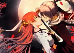 Rule 34 | 1boy, 1girl, aged up, black gloves, brown hair, bun cover, chinese clothes, closed eyes, closed mouth, couple, eyelashes, fingerless gloves, gintama, gloves, grey eyes, hair bun, hand on another&#039;s back, hetero, highres, holding, holding sword, holding weapon, imminent kiss, japanese clothes, kagura (gintama), leaf, long hair, looking at viewer, maple leaf, marmaladica, moon, okita sougo, orange hair, parted lips, ponytail, scarf, single hair bun, sword, weapon