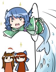 Rule 34 | 3girls, :3, animal ears, blue hair, blush stickers, bow, brown hair, cape, chibi, double dealing character, fins, hair bow, head fins, hoop, imaizumi kagerou, japanese clothes, jewelry, long hair, long sleeves, mermaid, monster girl, multiple girls, nobu baka, o o, obi, open mouth, red hair, ring, sash, sekibanki, short hair, simple background, t t, touhou, wakasagihime, water, white background, wolf ears