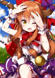 Rule 34 | 1girl, blouse, blush, bow, bowtie, chain, commentary request, d;, fang, feet out of frame, highres, ibuki suika, looking at viewer, one eye closed, open mouth, orange eyes, orange hair, red bow, red bowtie, ruu (tksymkw), shirt, solo, touhou, white shirt