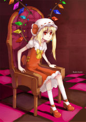 Rule 34 | 1girl, arm support, armchair, bad id, bad pixiv id, blonde hair, chair, checkered floor, embodiment of scarlet devil, english text, female focus, flandre scarlet, floor, hao (patinnko), hat, highres, kneehighs, patinnko, perspective, ponytail, red eyes, short hair, side ponytail, sitting, socks, solo, touhou, white socks, wings