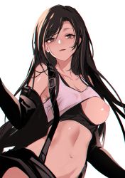 Rule 34 | 1girl, absurdres, black hair, blush, breasts, chromatic aberration, commentary, commentary request, earrings, final fantasy, final fantasy vii, highres, jewelry, long hair, looking at viewer, midriff, nipples, open mouth, realmbw, shiny skin, simple background, skirt, solo, suspender skirt, suspenders, tank top, tifa lockhart, white background