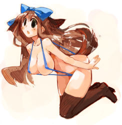 Rule 34 | 1girl, animal ears, breasts, brown hair, dog ears, green eyes, large breasts, long hair, momiji mao, slingshot swimsuit, solo, swimsuit, tail, thighhighs