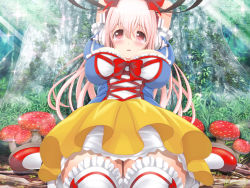 Rule 34 | 1girl, bdsm, blush, bondage, bound, bow, breasts, cleavage, cosplay, disney, dress, female focus, fly agaric, frilled thighhighs, frills, grass, hair bow, headphones, large breasts, long hair, looking at viewer, mushroom, nitroplus, pink eyes, pink hair, red footwear, ribbon, ribbon bondage, shoes, sitting, snow white, snow white (cosplay), snow white (disney), snow white and the seven dwarfs, solo, sparkle, super sonico, thighhighs, tree, v-mag, wariza, white thighhighs