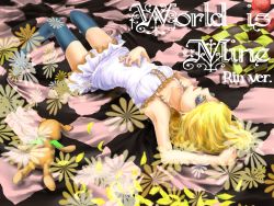 Rule 34 | 1girl, blonde hair, blue eyes, dress, female focus, kagamine rin, lying, on back, petals, pillow, shichikusa, short hair, smile, solo, stuffed animal, stuffed toy, thighhighs, vocaloid, world is mine (vocaloid), zettai ryouiki