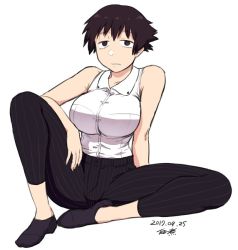 Rule 34 | 1girl, black hair, breasts, dated, hand on own thigh, large breasts, looking at viewer, original, pants, short hair, signature, simple background, solo, striped clothes, striped pants, tsukudani (coke-buta), vertical-striped clothes, vertical-striped pants, white background