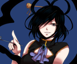 Rule 34 | 1girl, alternate color, alternate eye color, alternate hair color, ascot, bad id, bad pixiv id, bare shoulders, black hair, blue background, breasts, china dress, chinese clothes, cleavage cutout, clothing cutout, dress, eyelashes, female focus, grey eyes, hair ornament, hair over one eye, hair rings, hair stick, kaku seiga, kiseru, looking at viewer, one eye covered, pointing, shawl, shisei (kyuushoku banchou), simple background, smile, smoking pipe, solo, touhou