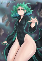 Rule 34 | 1girl, absurdres, eyelashes, floating, floating hair, glowing, green eyes, green hair, highres, huge filesize, mckaos, one-punch man, procreate (medium), self-upload, solo, tatsumaki, thick thighs, thighs