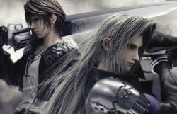 Rule 34 | 1990s (style), 2boys, armor, black gloves, brown hair, final fantasy, final fantasy vii, final fantasy viii, fur collar, gloves, gunblade, jacket, jewelry, long hair, lowres, male focus, multiple boys, necklace, sephiroth, shirt, squall leonhart, sword, weapon, white hair, white shirt