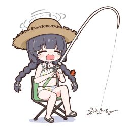 Rule 34 | 1girl, achilles (yosshyachillesd), bikini, black hair, blue archive, blush, chair, closed eyes, fishing rod, flat chest, full body, grey halo, halo, hat, holding, holding fishing rod, leaf print, long hair, miyu (blue archive), miyu (swimsuit) (blue archive), navel, official alternate costume, open mouth, print bikini, sandals, simple background, sitting, solo, straw hat, swimsuit, tears, white background, white bikini