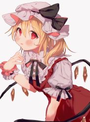 Rule 34 | 1girl, black bow, black neckwear, black ribbon, blonde hair, blush, bow, buttons, cowboy shot, crystal, fingernails, flandre scarlet, frilled shirt collar, frills, furrowed brow, hair between eyes, hand up, hat, hat bow, highres, leaning forward, looking at viewer, masanaga (tsukasa), medium hair, mob cap, one side up, parted lips, puffy short sleeves, puffy sleeves, red eyes, red skirt, red vest, ribbon, short sleeves, simple background, skirt, solo, touhou, vest, white background, wings, wrist cuffs