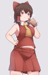 Rule 34 | 1girl, blush, bow, breasts, brown hair, bubble tea, chicken print, commentary request, contrapposto, cookie (touhou), cowboy shot, grey background, hair bow, hair tubes, hakurei reimu, highres, large breasts, looking afar, medium hair, necktie, red bow, red eyes, red shirt, red skirt, reu (cookie), shirt, simple background, skirt, sleeveless, sleeveless shirt, solo, tail or, touhou, yellow necktie