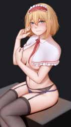 Rule 34 | 1girl, alice margatroid, black background, black panties, black thighhighs, blonde hair, blue eyes, breasts, capelet, covering privates, covering breasts, garter belt, garter straps, hairband, highres, large breasts, looking at viewer, mochi (chain csn), navel, panties, short hair, sitting, smile, solo, thighhighs, touhou, underwear, wing collar