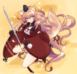 Rule 34 | 1girl, animal ears, breasts, brown hair, fate/extra ccc fox tail, fate (series), grin, hat, japanese clothes, long hair, open mouth, ribbon, shoes, socks, suzuka gozen (fate), sword, tail, weapon, yellow eyes