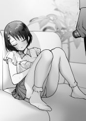Rule 34 | 1boy, 1girl, ass, bare legs, black hair, bobby socks, bottle, couch, frilled sleeves, frills, full body, greyscale, hagyouayumu, hair ornament, hairpin, head out of frame, highres, holding, holding bottle, idolmaster, idolmaster cinderella girls, indoors, knees up, legs, looking at another, monochrome, on couch, panties, panty peek, pleated skirt, producer (idolmaster), sasaki chie, shirt, short hair, sitting, skirt, sleeping, sleeveless, sleeveless shirt, socks, spill, trembling, underwear, water drop, wet, wet clothes, wet shirt