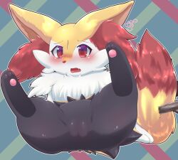 Rule 34 | 1girl, animal ear fluff, animal ears, animal feet, animal nose, arm support, artist name, black fur, blush, body fur, braixen, creatures (company), embarrassed, fang, female focus, fox ears, fox girl, fox tail, full body, furry, furry female, game freak, gen 6 pokemon, highres, leaning back, legs up, looking at viewer, multicolored fur, neck fur, nintendo, open mouth, outline, pawpads, plaid, plaid background, pokemon, pokemon (creature), puniwanko, pussy, raised eyebrows, red eyes, shy, signature, sitting, solo, spread legs, stick, tail, thick thighs, thighs, uncensored, white fur, white outline, yellow fur