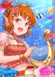 Rule 34 | 1girl, :d, air bubble, alternate hairstyle, armlet, bracelet, bubble, crown, dated, earrings, fins, fish, flower, hair bun, hair flower, hair ornament, happy birthday, harp, head fins, holding, holding instrument, instrument, jewelry, jyon, looking at viewer, love live!, love live! school idol festival, love live! sunshine!!, music, musical note, navel, necklace, open mouth, orange hair, pink flower, pink shirt, playing instrument, red eyes, shirt, short sleeves, single hair bun, smile, solo, takami chika, teeth, underwater, upper teeth only
