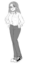 Rule 34 | 1girl, :d, full body, glasses, greyscale, hands on own hips, highres, long hair, long sleeves, looking at viewer, monochrome, open mouth, original, pabenia, pocket, shirt, shoes, smile, sneakers, solo, standing, white background