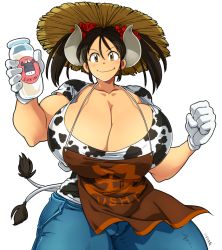 Rule 34 | 1girl, black hair, breasts, cow girl, cow tail, gigantic breasts, gloves, hataraki ari, horns, looking at viewer, multiple tails, original, simple background, solo, standing, sukimi, tail, white background, yellow eyes