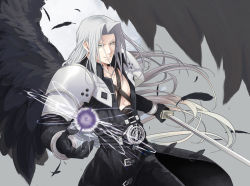 Rule 34 | 1boy, armor, belt, black feathers, black gloves, black jacket, black pants, black wings, chest strap, cowboy shot, falling feathers, feathers, fighting stance, final fantasy, final fantasy vii, final fantasy vii remake, gloves, green eyes, grey background, grey hair, high collar, highres, holding, holding sword, holding weapon, i ne rrr, jacket, long bangs, long hair, long jacket, long sleeves, looking at viewer, magic, male focus, masamune (ff7), open collar, pants, parted bangs, sephiroth, shoulder armor, single wing, smile, solo, square enix, straight hair, sword, weapon, wings