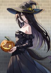 Rule 34 | 1girl, bare shoulders, black dress, black hair, blush, breasts, brick wall, cleavage, closed mouth, collarbone, commentary request, dress, facing to the side, food, glowing, hat, highres, holding, holding food, holding pumpkin, holding vegetable, horse girl, horse tail, jack-o&#039;-lantern, kama o nu, long hair, long sleeves, looking to the side, manhattan cafe (umamusume), off-shoulder dress, off shoulder, pumpkin, small breasts, solo, star (symbol), straight hair, tail, umamusume, vegetable, witch, witch hat, yellow eyes