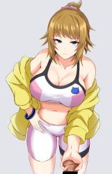Rule 34 | 1girl, absurdres, bare shoulders, blue eyes, breasts, brown hair, cleavage, cowboy shot, crop top, femdom, grey background, gundam, gundam build fighters, gundam build fighters try, hand on own hip, highres, hoshino fumina, jacket, large breasts, long sleeves, looking at viewer, midriff, navel, off shoulder, parted lips, pink scrunchie, scrunchie, short hair, shorts, simple background, solo, sports bra, standing, stomach, testicle grab, testicles, thighs, two-tone sports bra, watarase piro, yellow jacket