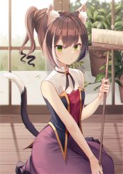 Rule 34 | 1girl, animal ear fluff, animal ears, black hair, black ribbon, brooch, broom, cat ears, cat girl, cat tail, closed mouth, commentary, dress, drill hair, green eyes, hair up, high collar, highres, holding, holding broom, indoors, jewelry, karyl (princess connect!), kimi (jxrm5387), kneeling, light frown, long dress, long hair, looking at viewer, multicolored hair, neck ribbon, ponytail, princess connect!, purple dress, ribbon, solo, streaked hair, sunlight, tail, white hair, window, wooden floor