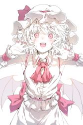 Rule 34 | 1girl, :d, armpits, arms up, bare shoulders, bat wings, blush, bow, commentary request, cowboy shot, darjeeling (reley), dress, hat, hat bow, highres, looking at viewer, mob cap, nail polish, neck ribbon, open mouth, pink nails, red bow, red eyes, red ribbon, red sash, remilia scarlet, ribbon, sash, short hair, simple background, sleeveless, sleeveless dress, smile, solo, touhou, white background, white dress, white hair, white hat, wings, wrist cuffs