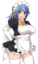Rule 34 | 10s, 1girl, :d, alternate costume, apron, arms behind back, black dress, blue eyes, blue hair, blush, bow, bowtie, breasts, curvy, dress, elbow gloves, enmaided, eyebrows, frills, gloves, hair bun, hair ribbon, hairband, kantai collection, kuronyan, large breasts, long hair, looking at viewer, maid, maid apron, maid headdress, matching hair/eyes, open mouth, ribbon, round teeth, shiny skin, simple background, single hair bun, skindentation, smile, solo, standing, teeth, thick thighs, thighhighs, thighs, urakaze (kancolle), white background, white bow, white gloves, white thighhighs, yellow bow, yellow bowtie, yellow ribbon, zettai ryouiki