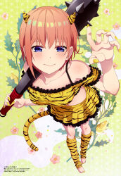Rule 34 | 1girl, absurdres, animal print, barefoot, blue eyes, fake tail, feet, floral background, from above, go-toubun no hanayome, highres, holding, holding mace, holding weapon, holly, horns, kuniyoshi azumi, looking at viewer, mace, magazine scan, megami magazine, nail polish, nakano ichika, official art, scan, smile, spiked mace, spikes, standing, tail, tiger print, tiger tail, toes, weapon, yellow nails