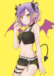 Rule 34 | 1girl, alternate hairstyle, bat wings, belt, black bow, black shorts, blunt bangs, bow, breasts, choker, collarbone, crop top, demon tail, earrings, fishnets, green eyes, hair bow, hair rings, hololive, jewelry, light blush, looking at viewer, medium hair, multicolored hair, nail polish, navel, piercing, pointy ears, purple hair, shorts, simple background, single thighhigh, sleeveless, small breasts, solo, streaked hair, syhan, tail, thigh strap, thighhighs, tokoyami towa, two-tone hair, virtual youtuber, wings, yellow background
