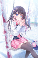Rule 34 | 1girl, :o, a20 (atsumaru), bag, black shirt, blue eyes, blurry, blurry foreground, blush, bow, brown hair, cellphone, chain, coat, commentary request, fence, hair ornament, hairclip, highres, light, long hair, long sleeves, looking at viewer, official art, open clothes, open coat, open mouth, original, own hands together, phone, pink bow, pink scarf, pink skirt, plaid, plaid skirt, scarf, shirt, sidelocks, sitting, skirt, smartphone, snow, snowing, solo, steepled fingers, swept bangs, swing, white coat