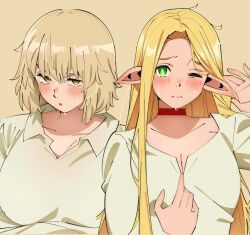 2girls blonde_hair blush breasts brown_background brown_hair choker cleavage closed_mouth collarbone commentary_request dress dungeon_meshi elf falin_touden falin_touden_(tallman) green_eyes grey_dress large_breasts long_hair marcille_donato multiple_girls pointy_ears red_choker sakura_1110ssmm short_hair sweat upper_body yellow_eyes