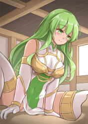 Rule 34 | 1boy, 1girl, aose saratoga, bare shoulders, blush, breasts, clothed female nude male, commentary request, dress, elbow gloves, fire emblem, fire emblem: shadow dragon and the blade of light, fire emblem heroes, gloves, green eyes, green hair, highres, indoors, large breasts, long hair, nintendo, nude, official alternate costume, palla (fire emblem), panties, sitting, sleeveless, sleeveless dress, smile, spread legs, thighhighs, thighs, underwear, very long hair, white dress, white gloves, white panties, white thighhighs